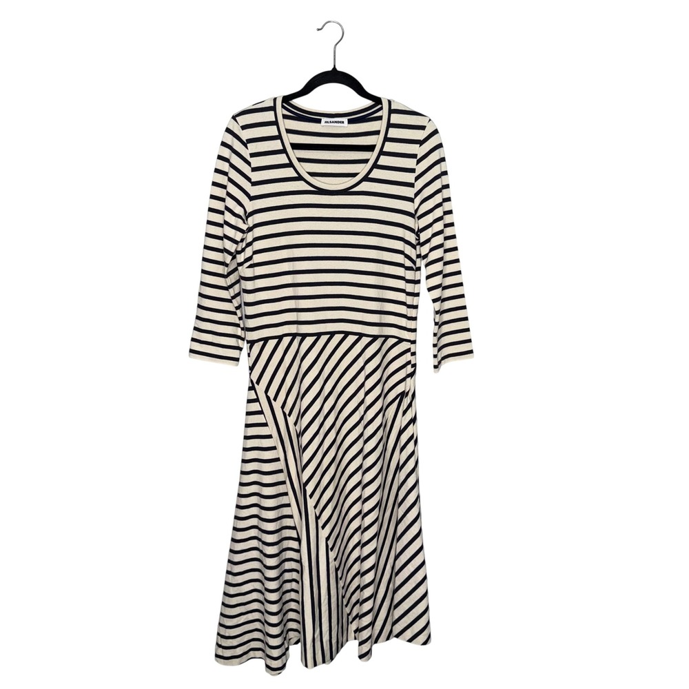 Jil Sander Striped Midi Dress Womens 42 Cream Navy Excellent Asymmetric Italian